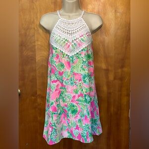 NWOT Lily Pulitzer A-line dress,neon pink,green jungle print,white crochet lace